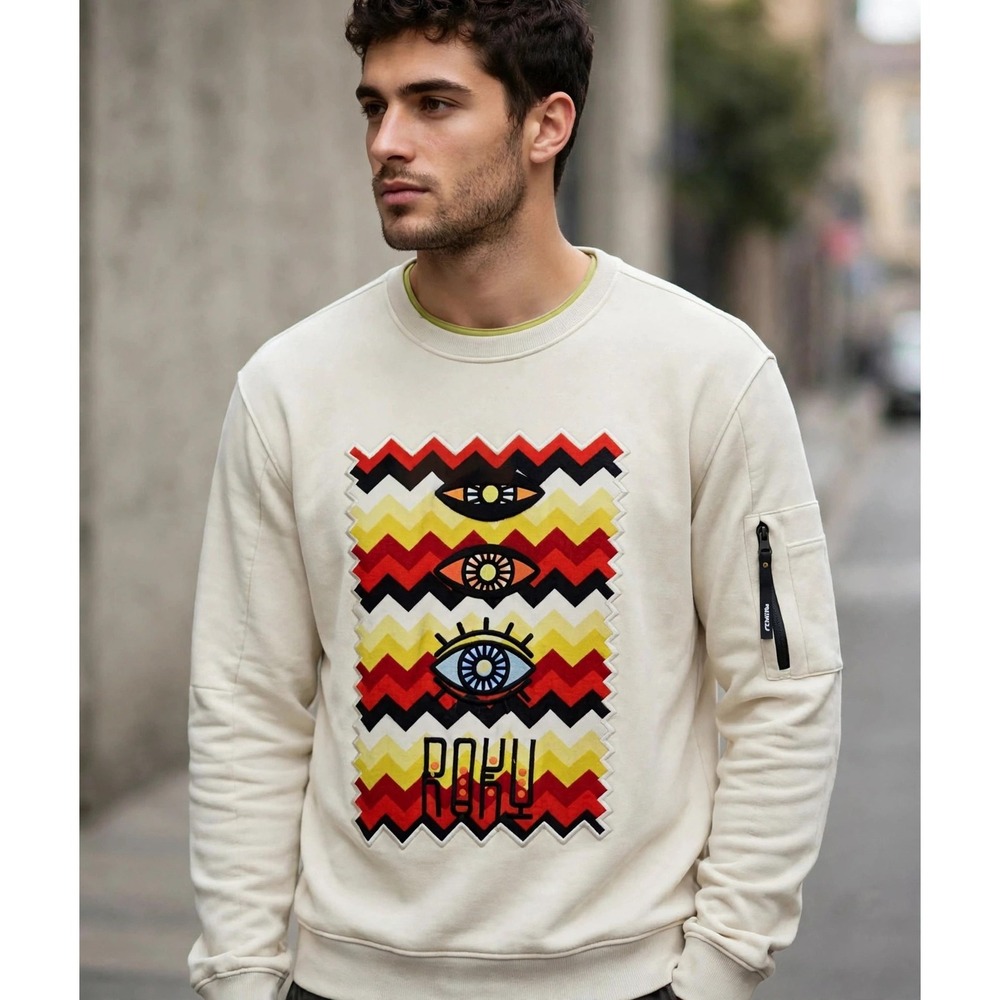ROKU STUDIO Graphic Print Sweatshirt Beige Eye Design Mens Medium Casual